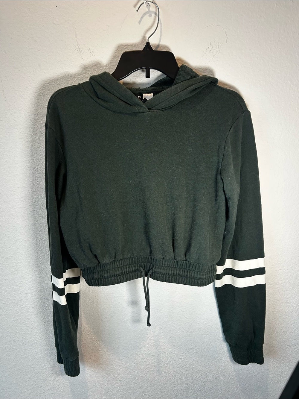 H&M Dark Green Cropped Hoodie with White Sleeve Stripes
